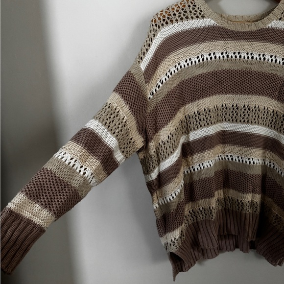 Show Me Your Mumu Yala Tan Cream Striped Crochet Sweater Tunic - Picture 5 of 8